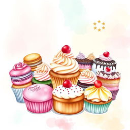 A vibrant and inviting watercolor painting depicting a delicious dessert display perfect for a bakery logo