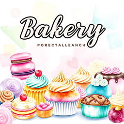 A vibrant and inviting watercolor painting depicting a delicious dessert display perfect for a bakery logo