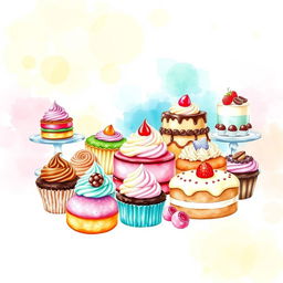 A vibrant and inviting watercolor painting depicting a delicious dessert display perfect for a bakery logo