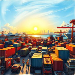A detailed and vibrant drawing of a dump site within the Miami shipyards, showcasing an array of shipping containers, heavy machinery, and various ships in the background