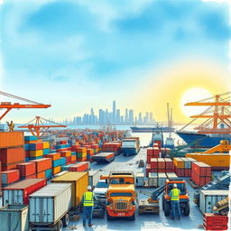 A detailed and vibrant drawing of a dump site within the Miami shipyards, showcasing an array of shipping containers, heavy machinery, and various ships in the background