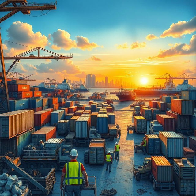 A detailed and vibrant drawing of a dump site within the Miami shipyards, showcasing an array of shipping containers, heavy machinery, and various ships in the background