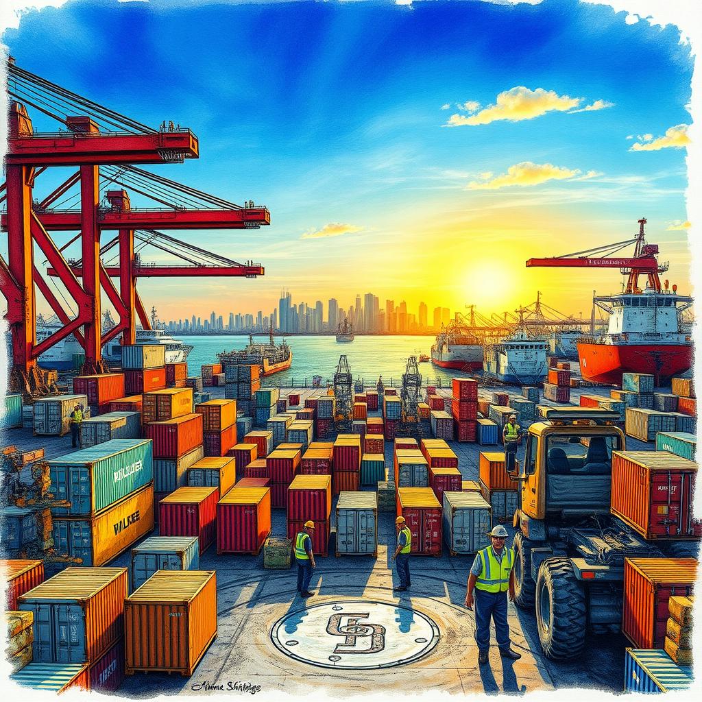 A detailed and vibrant drawing of a dump site within the Miami shipyards, showcasing an array of shipping containers, heavy machinery, and various ships in the background