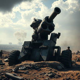 A high-detail image of a massive artillery gun positioned on a rugged battlefield