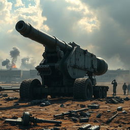 A high-detail image of a massive artillery gun positioned on a rugged battlefield