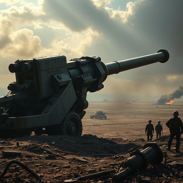 A high-detail image of a massive artillery gun positioned on a rugged battlefield