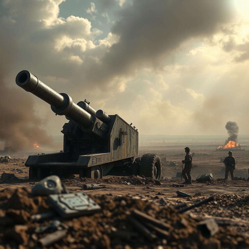 A high-detail image of a massive artillery gun positioned on a rugged battlefield