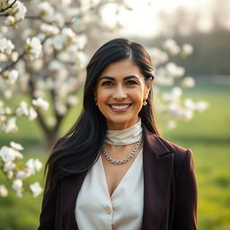 A 45-year-old woman of European descent with thick black hair, beautifully styled in elegant and fashionable attire that reflects maturity and sophistication