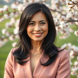 A 45-year-old woman of European descent with thick black hair, beautifully styled in elegant and fashionable attire that reflects maturity and sophistication