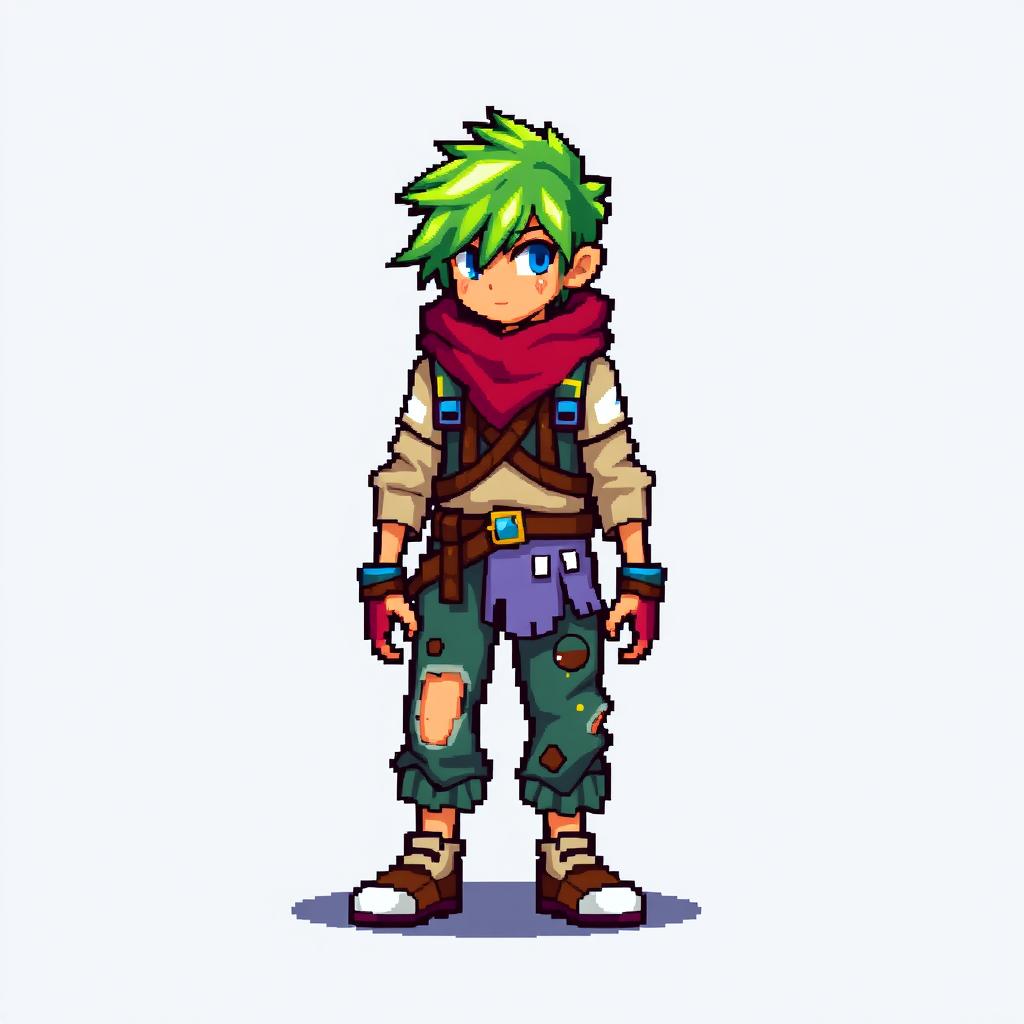 A pixel art sprite of a main character, sized 16x32 pixels, designed with bright colors to stand out against the background