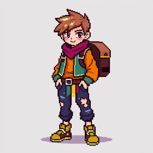 A pixel art sprite of a main character, sized 16x32 pixels, designed with bright colors to stand out against the background