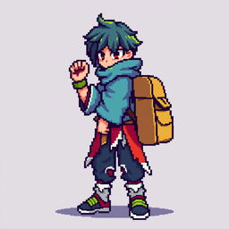 A pixel art sprite of a main character, sized 16x32 pixels, designed with bright colors to stand out against the background