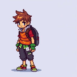 A pixel art sprite of a main character, sized 16x32 pixels, designed with bright colors to stand out against the background