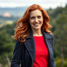 A 45-year-old woman of Northern European descent with thick red hair, elegantly dressed in fashionable clothing that reflects her vibrant personality