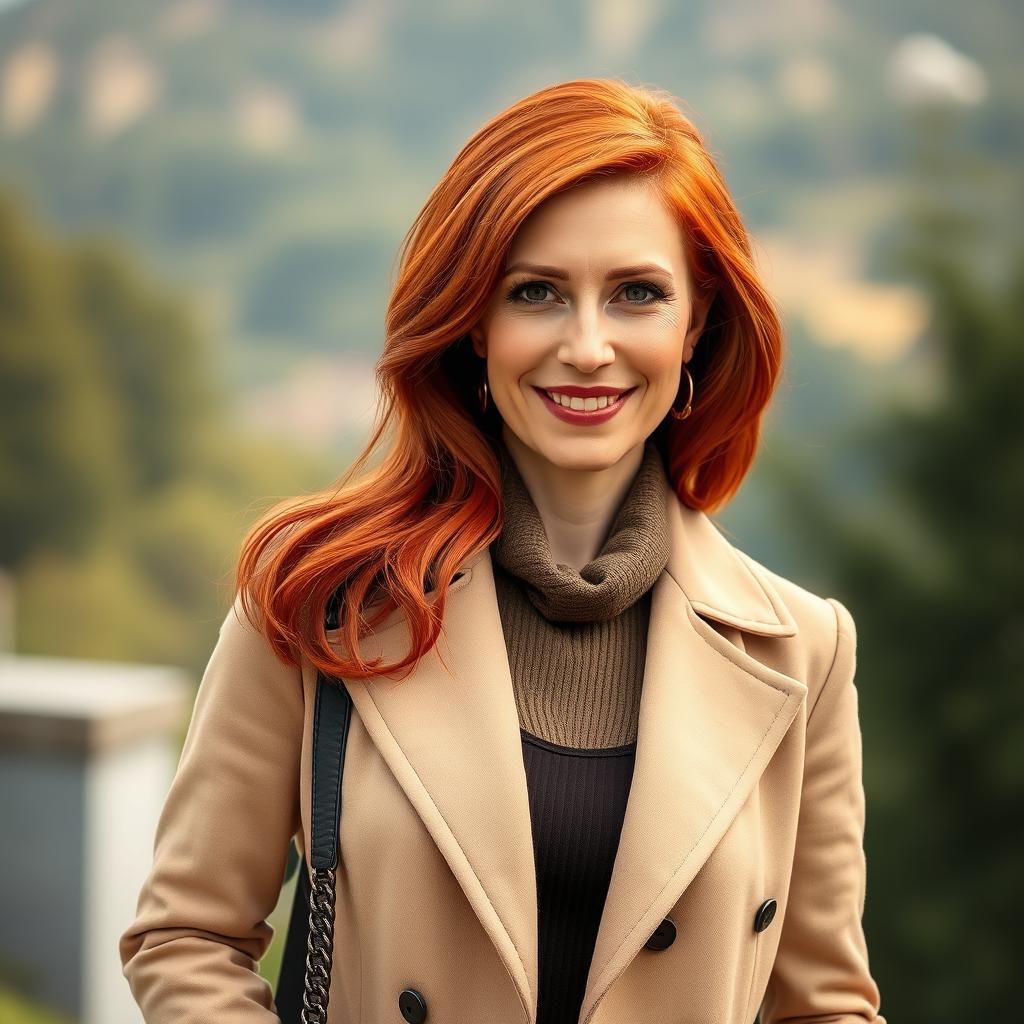 A 45-year-old woman of Northern European descent with thick red hair, elegantly dressed in fashionable clothing that reflects her vibrant personality