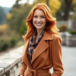 A 45-year-old woman of Northern European descent with thick red hair, elegantly dressed in fashionable clothing that reflects her vibrant personality