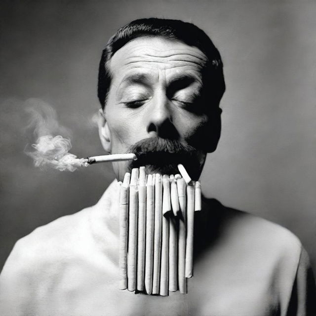 A man with 300 cigarettes in his mouth, creating a surreal scene.