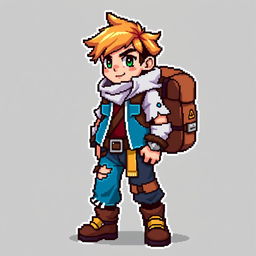 A pixel art sprite of a main character, sized 16x32 pixels, designed with bright colors to stand out against the background