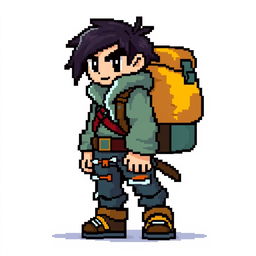 A pixel art sprite of a main character, sized 16x32 pixels, designed with bright colors to stand out against the background