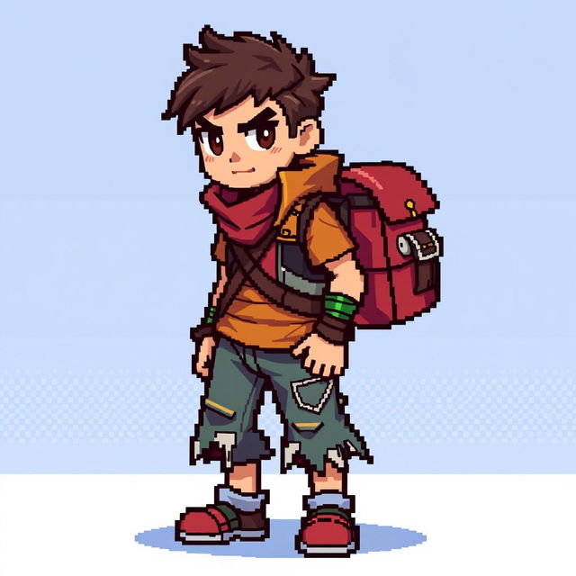 A pixel art sprite of a main character, sized 16x32 pixels, designed with bright colors to stand out against the background