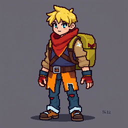 A pixel art sprite of a main character, sized 16x32 pixels, designed with bright colors to stand out against the background