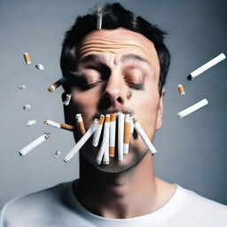 A man with 300 cigarettes in his mouth, creating a surreal scene.