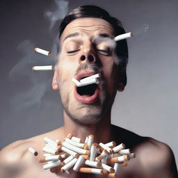 A man with 300 cigarettes in his mouth, creating a surreal scene.