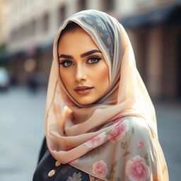 A stylish woman wearing a beautifully designed, sheer hijab that elegantly frames her face