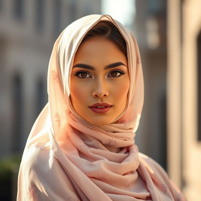 A stylish woman wearing a beautifully designed, sheer hijab that elegantly frames her face