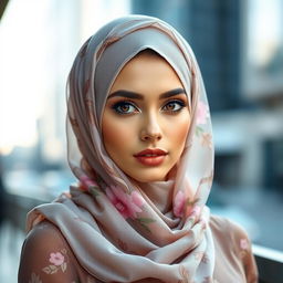 A stylish woman wearing a beautifully designed, sheer hijab that elegantly frames her face
