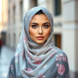 A stylish woman wearing a beautifully designed, sheer hijab that elegantly frames her face