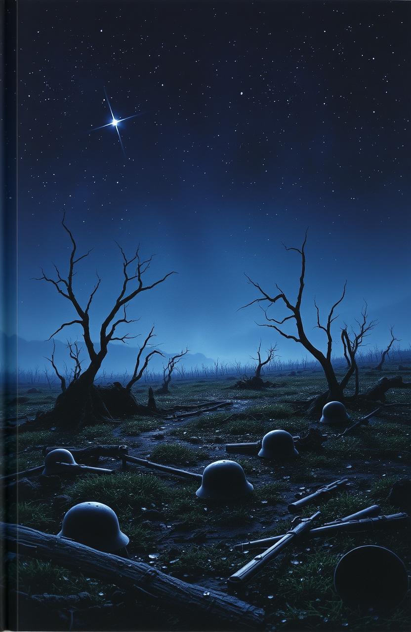 A book cover depicting a haunting scene of a desolate battlefield under a starry night sky