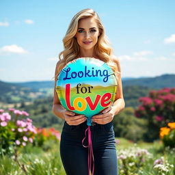A 35-year-old woman standing full-length in a picturesque natural setting, confidently posing with a clear, radiant face