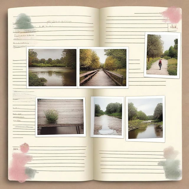 A journal page template decorated with three rectangular slots for photos, artfully arranged to balance the written areas on the page