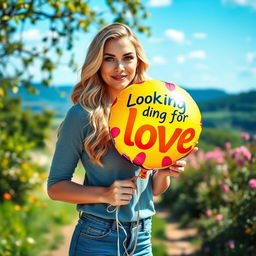 A 35-year-old woman standing full-length in a picturesque natural setting, confidently posing with a clear, radiant face