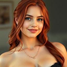 A stunning 26-year-old woman with vibrant red hair cascading down her shoulders, showcasing her attractiveness with a natural beauty