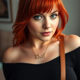 A 26-year-old woman with vibrant red hair that frames her face, showcasing her plain yet attractive natural beauty