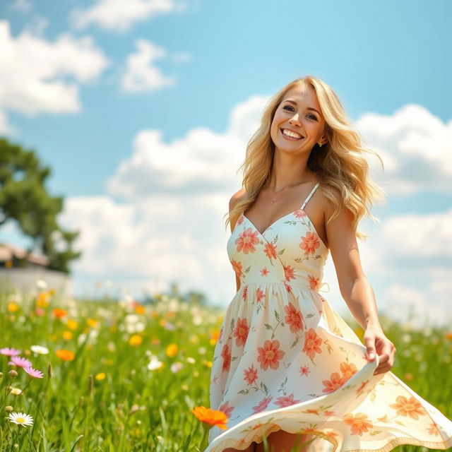 A pretty blonde lady wearing a flowing summer dress, enjoying a sunny day outdoors