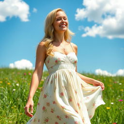 A pretty blonde lady wearing a flowing summer dress, enjoying a sunny day outdoors