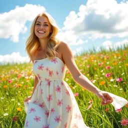 A pretty blonde lady wearing a flowing summer dress, enjoying a sunny day outdoors