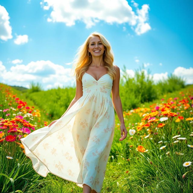 A full-length view of a pretty blonde lady wearing a flowing summer dress, enjoying a sunny day outdoors