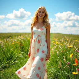 A full-length view of a pretty blonde lady wearing a flowing summer dress, enjoying a sunny day outdoors
