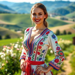A stunning Ukrainian woman wearing a traditional embroidered dress, featuring vibrant colors and detailed patterns