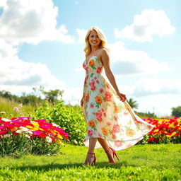 A full-length view of a pretty blonde lady wearing a flowing summer dress that features a vibrant floral pattern, complemented by striking red high heels