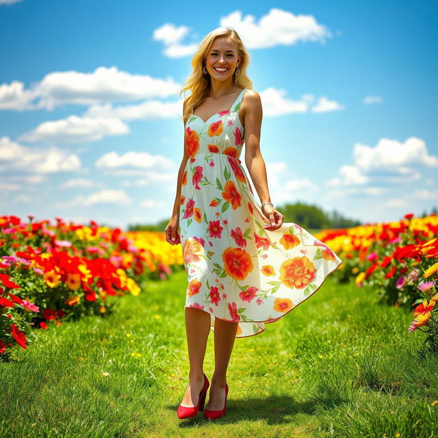 A full-length view of a pretty blonde lady wearing a flowing summer dress that features a vibrant floral pattern, complemented by striking red high heels