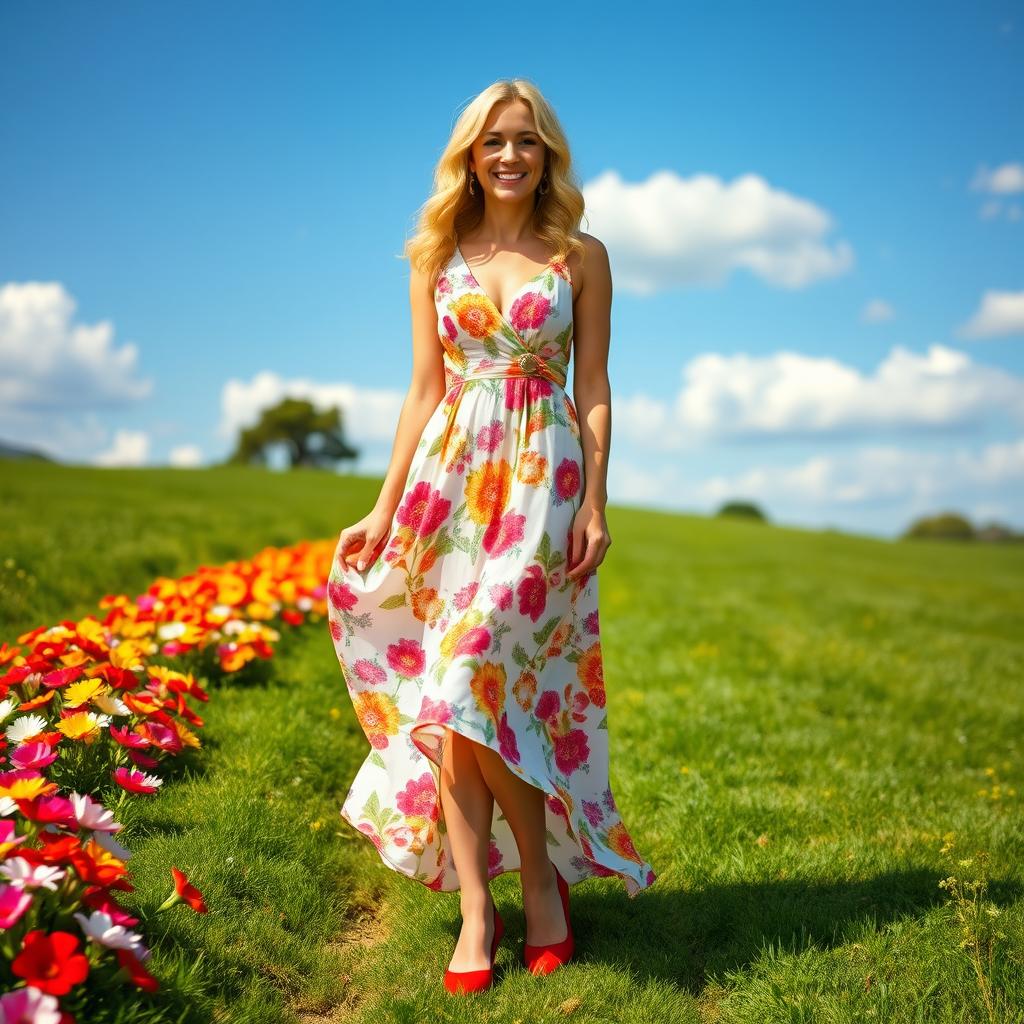 A full-length view of a pretty blonde lady wearing a flowing summer dress that features a vibrant floral pattern, complemented by striking red high heels