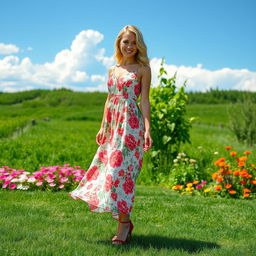 A full-length view of a pretty blonde lady wearing a flowing summer dress that features a vibrant floral pattern, complemented by striking red high heels