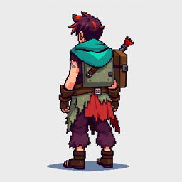 Pixel art character sprite with vibrant colors to stand out against the background, featuring unique clothing made of tattered fabrics and a noticeable backpack for inventory