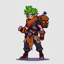 Pixel art character sprite with vibrant colors to stand out against the background, featuring unique clothing made of tattered fabrics and a noticeable backpack for inventory