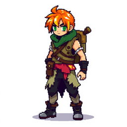 Pixel art character sprite with vibrant colors to stand out against the background, featuring unique clothing made of tattered fabrics and a noticeable backpack for inventory